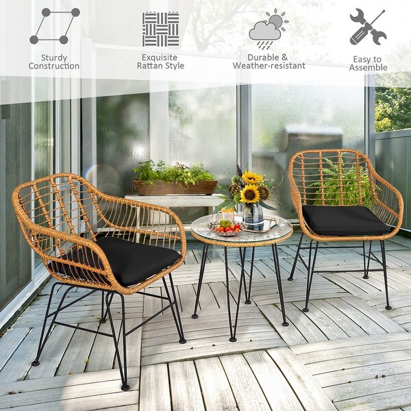 Costway 3PCS Patio Rattan Bistro Furniture Set Cushioned Chair Table