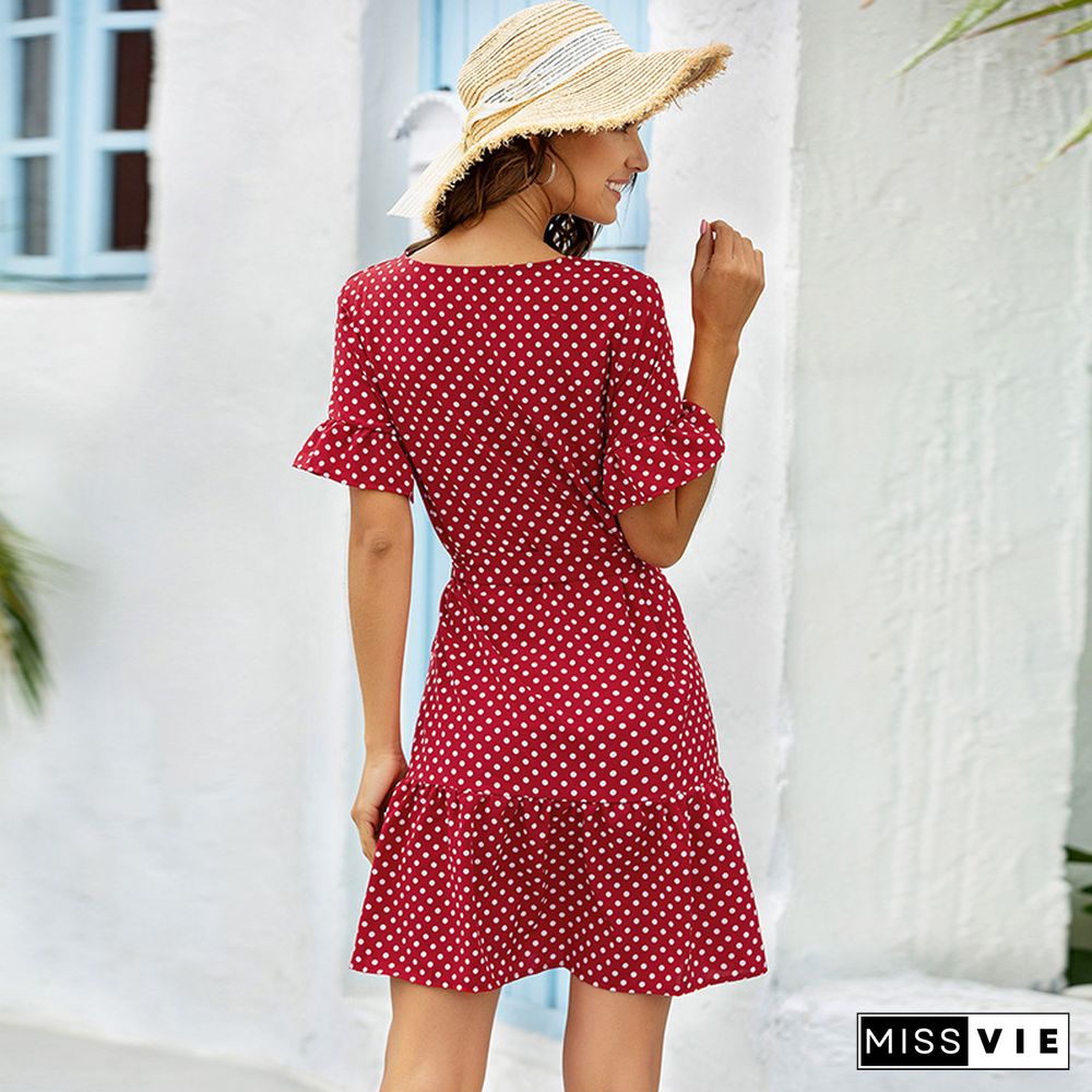 Fashion Sexy V Neck Dress Summer Women Casual Polka Dot Short Sleeve Ruffles Lace Up Button Party Sweet Dresses For Femme