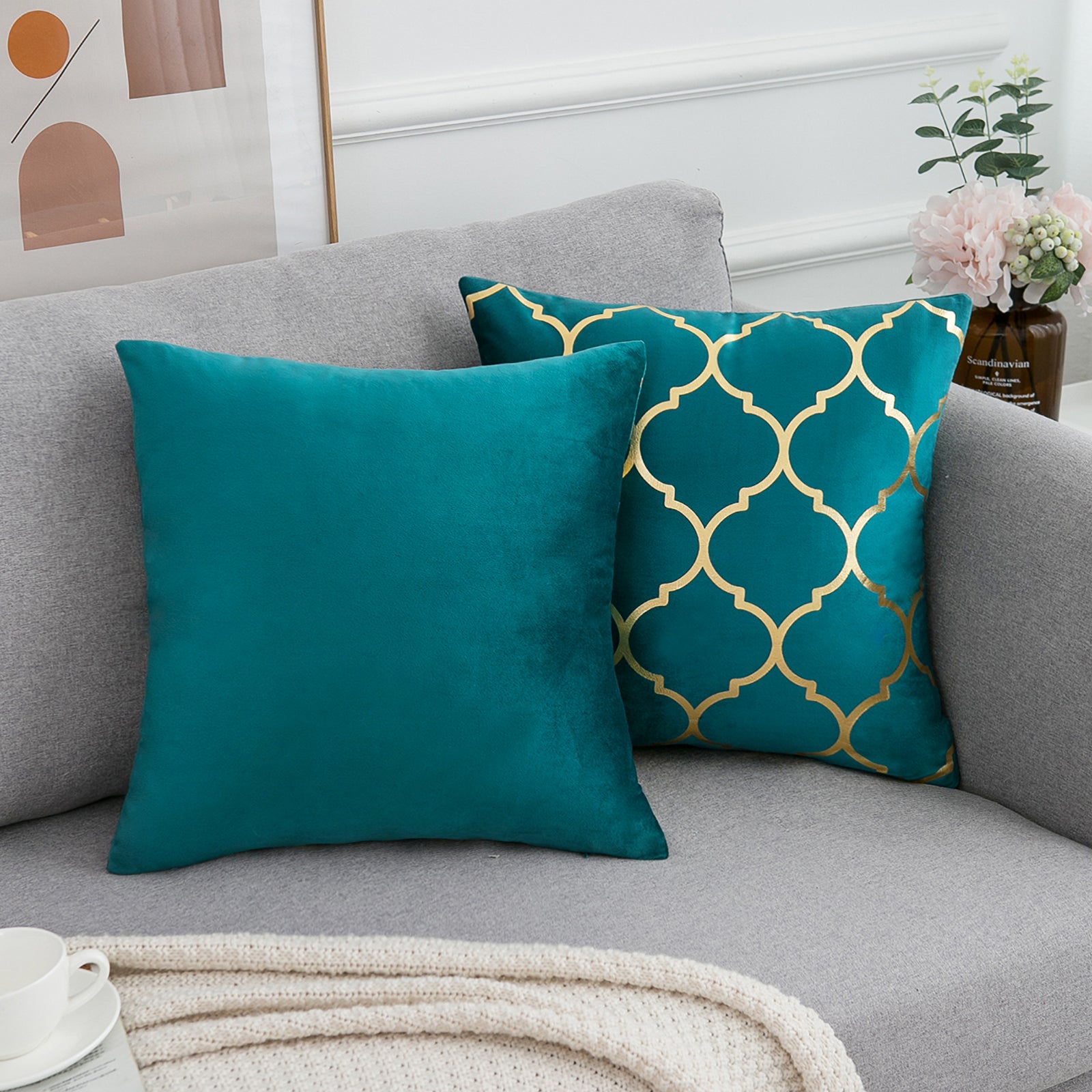 Decorative Throw Pillow Covers Moroccan Quatrefoil Geometric Bronzing Printed Cushion Covers Geometric Design Pillowcase for Sofa Couch Chair Bed Home Deco, Teal, 18 x 18 Inches