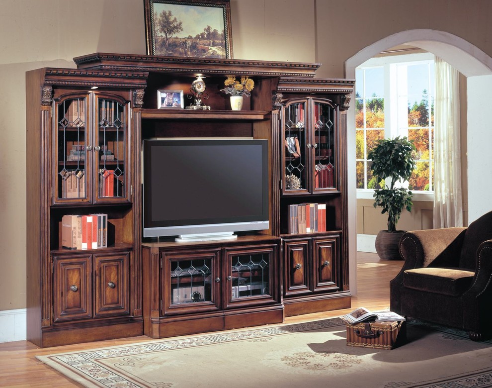 Parker House Huntington Expandable Glass Door Entertainment Wall in Vintage Peca   Traditional   Entertainment Centers And Tv Stands   by Emma Mason  Houzz