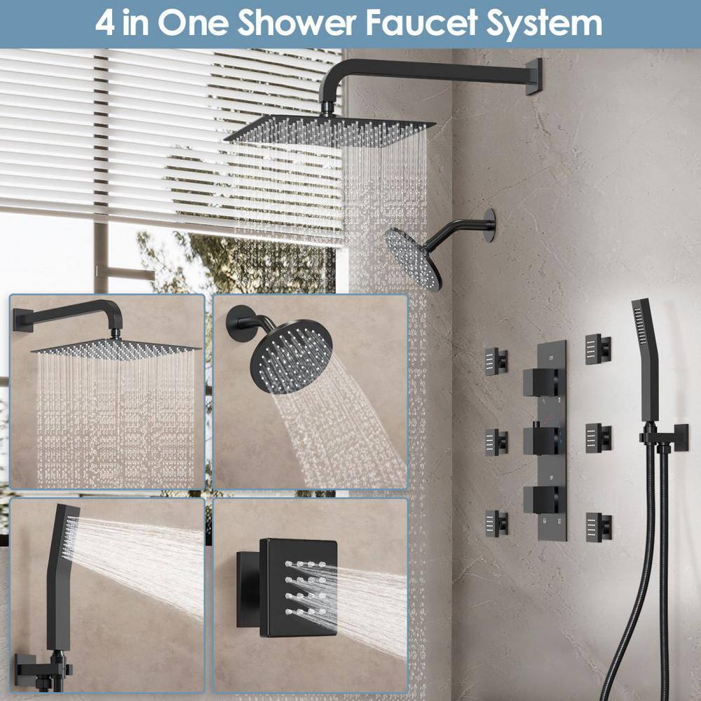 GRANDJOY Dual Showers with Valve 8-Spray Wall Mount 12 in. Fixed and Handheld Shower Head 2.5 GPM in Brushed Gold GJSFS-1017-BK12