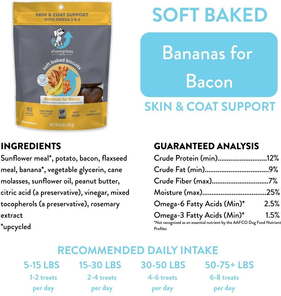 Shameless Pets Soft Baked Bananas for Bacon Flavor Grain-Free Dog Treats， 6-oz bag