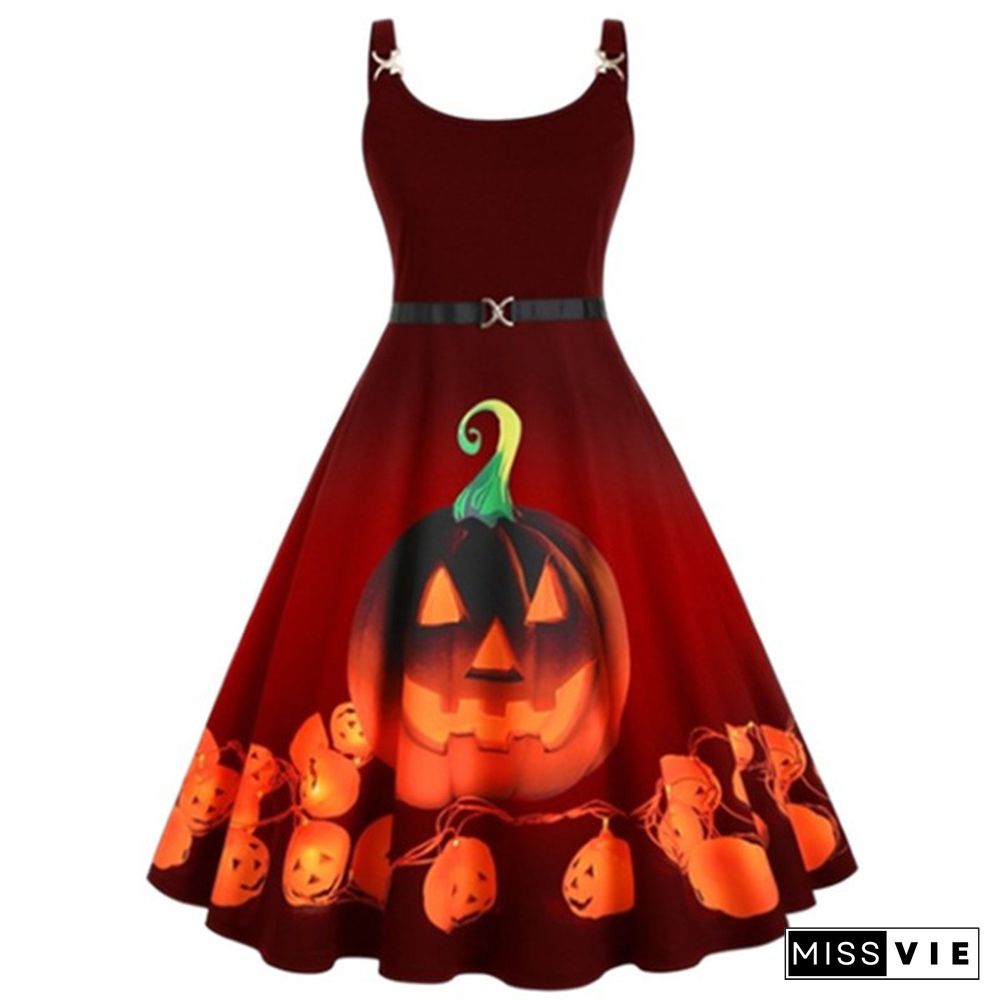 Plus Size Fashion Women Pumpkin Elk Santa Print Dress Autumn and Winter Halloween Christmas Costume Sleeveless Dresses Casual Swing Party Dress