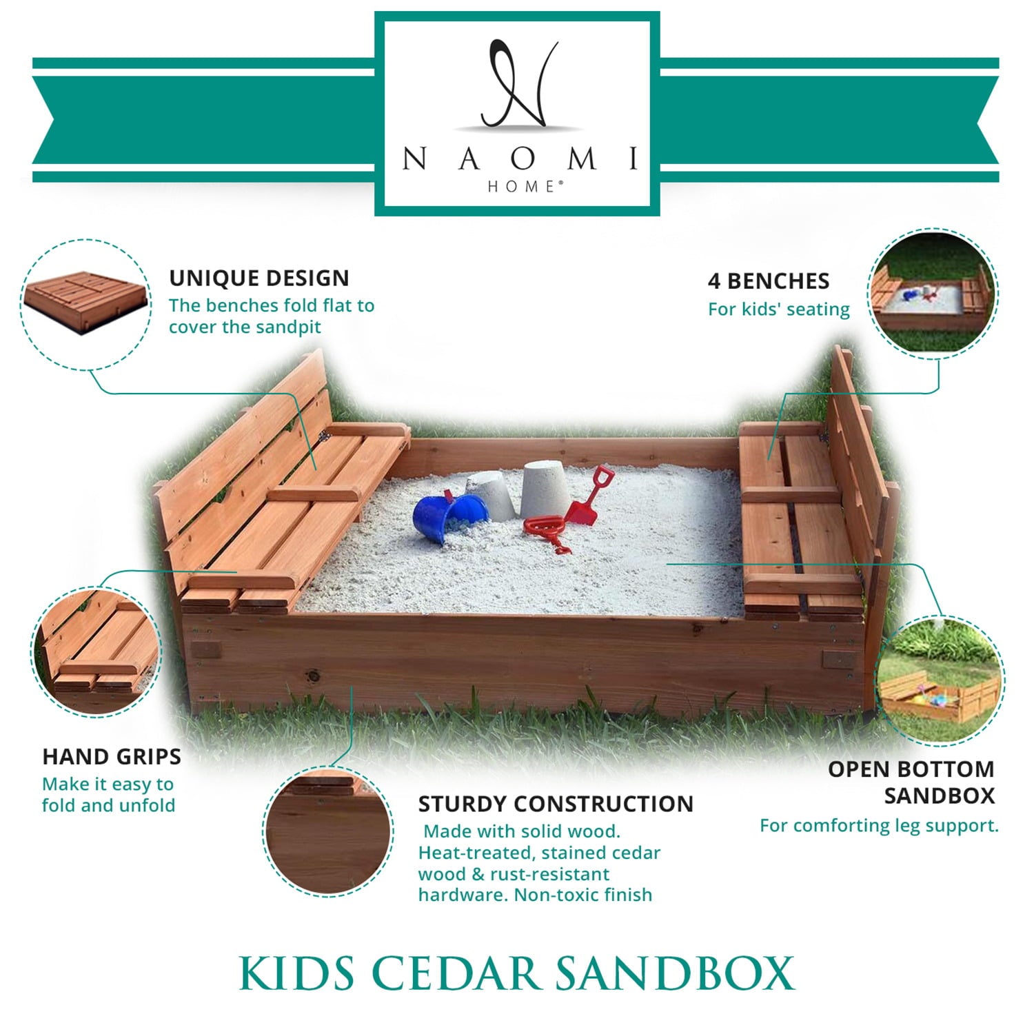 Kids Sandbox with Lid Sand Box for Kids Outdoor with Lid Cedar Wooden Sand Pit Box for Kids with 2 Foldable Bench Seats 4 ft x 4 ft Sand Boxes for Kids Outdoor with Lid Sandbox Toys for 2-8 Years