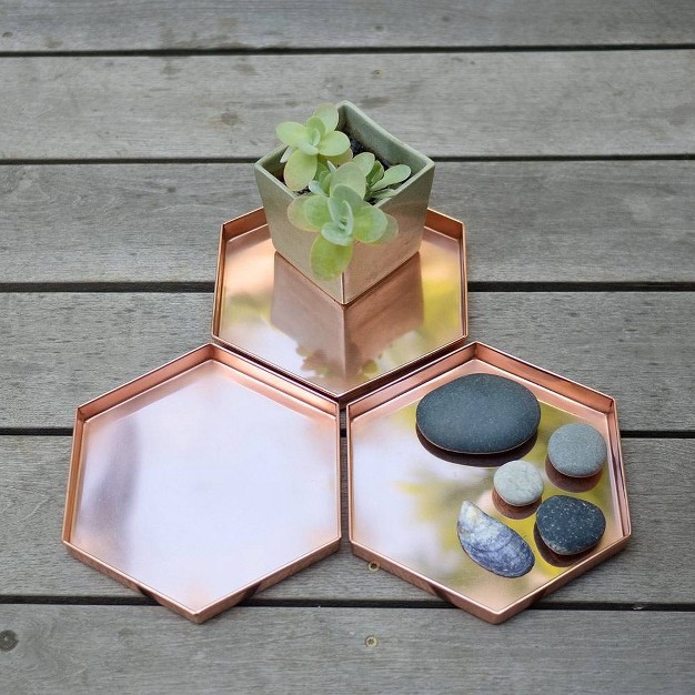 3pc Decorative Hexagonal Stainless Steel Trays Copper Plated Finish Achla Designs