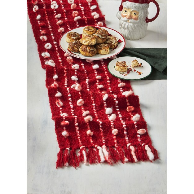 Tagltd Tis The Season Red Tie Dye Mohair Blend Knots With Twist Braided Stripes And Tassels Table Runner 72 In