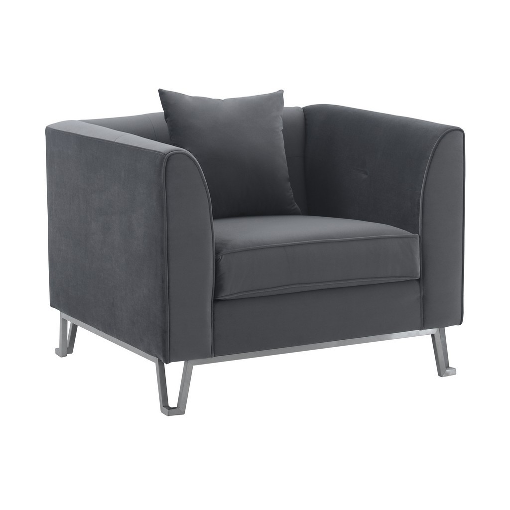 Armen Living Everest Gray Fabric Upholstered Sofa Accent Chair with Brushed Stainless Steel Legs - Armen Living LCEV1GREY