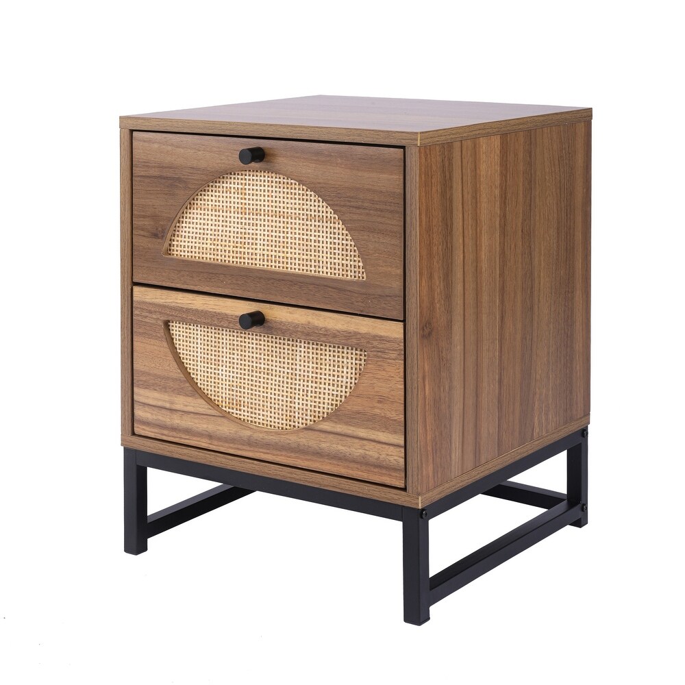 Rattan Nightstand Set of 2 with 2 Natural Rattan Drawer and Metal Legs