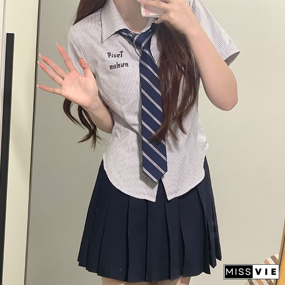 Letter Embroidery Stripe Tie Polo T-Shirt Pleated Skirt JK Uniform