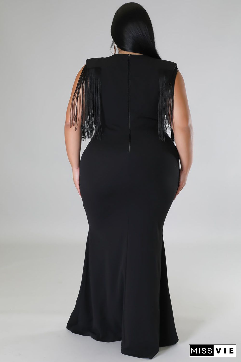 Black Plus Size Surplice V Neck Fringe Formal Maxi Dress