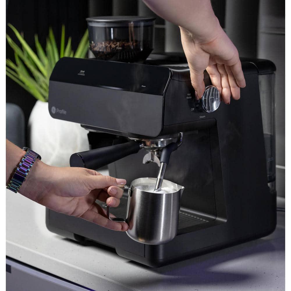 GE Profile 1 Cup Semi Automatic Espresso Machine in Black with Builtin Grinder Frother Frothing Pitcher and WiFi Connected