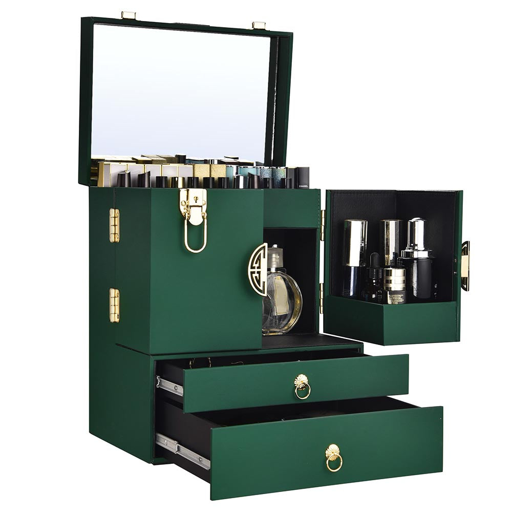 Byootique Makeup Case with Mirror Drawers Forest Green