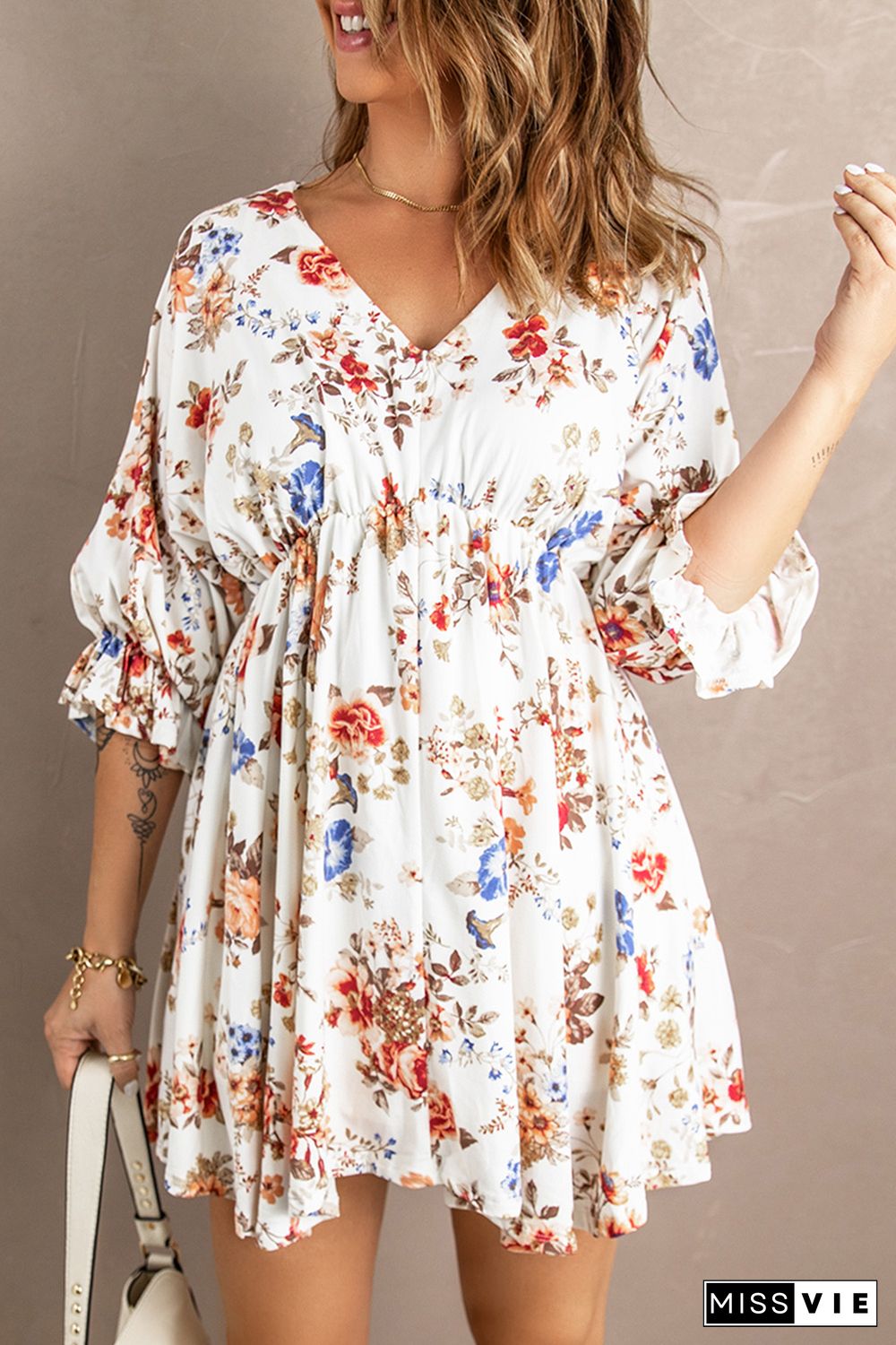 White V Neck Flounce High Waist Floral Mini Dress