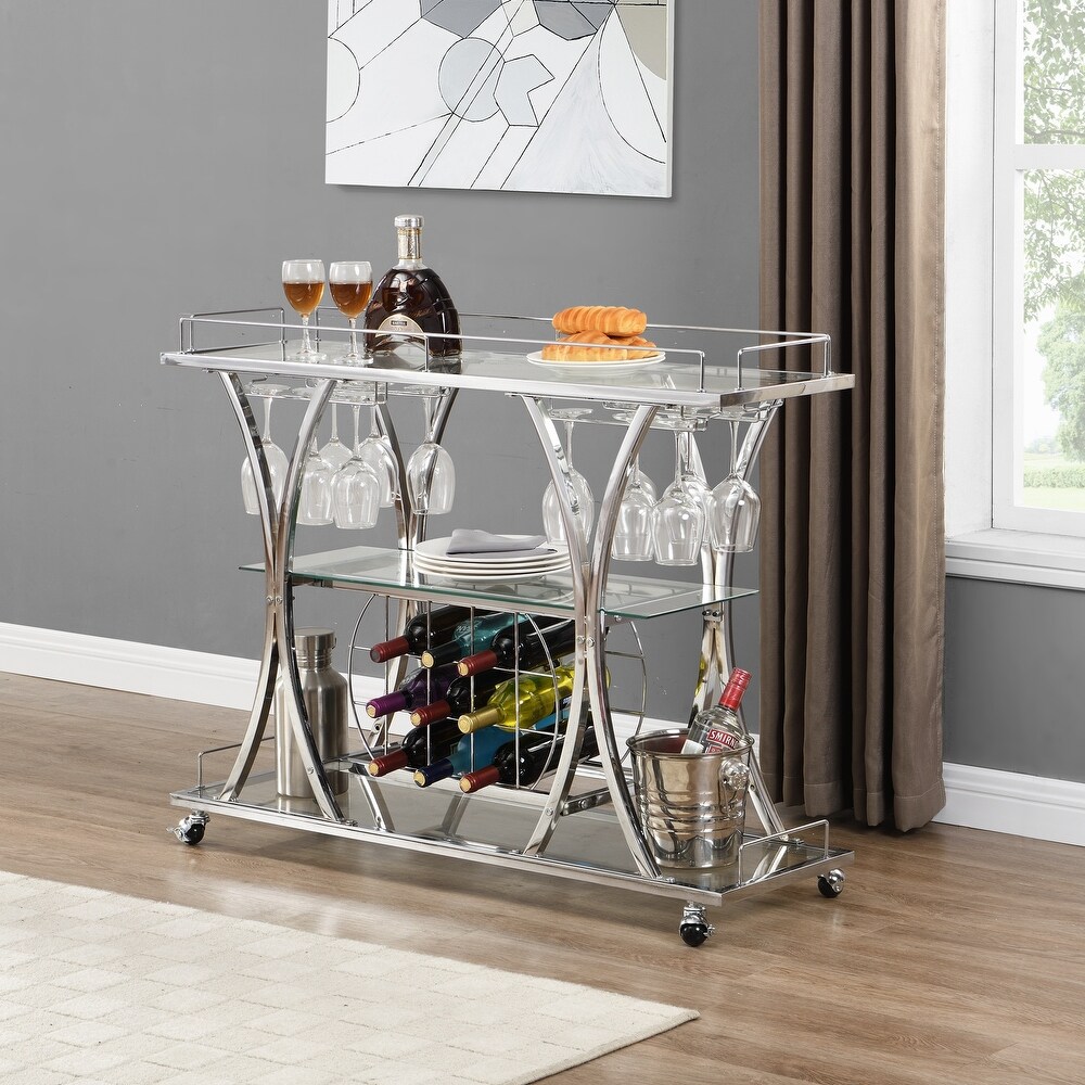 Contemporary Chrome Bar Cart with Wine Rack Silver