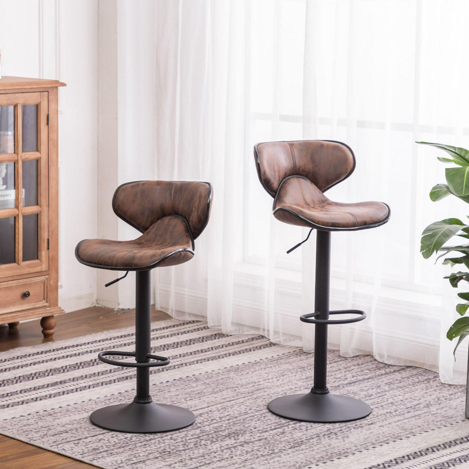 Roundhill Furniture Masaccio Weathered Brown Upholstery Airlift Adjustable Swivel Barstool with Chrome Base， Set of 2， Fabric