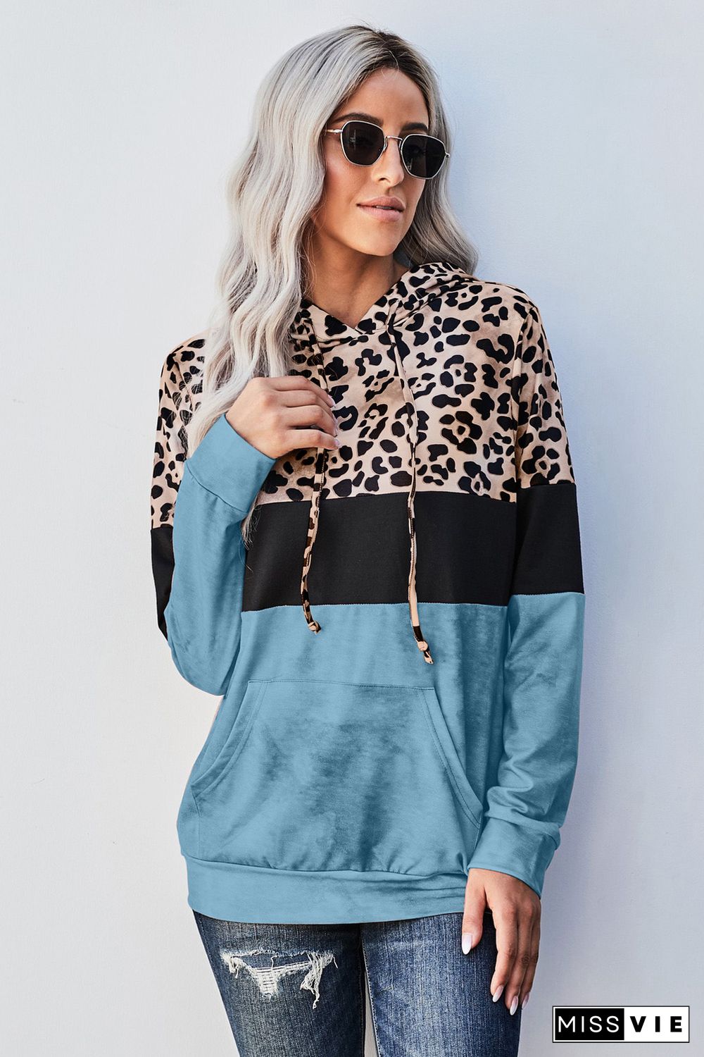 Blue Leopard Tie Dye Colorblock Hoodie