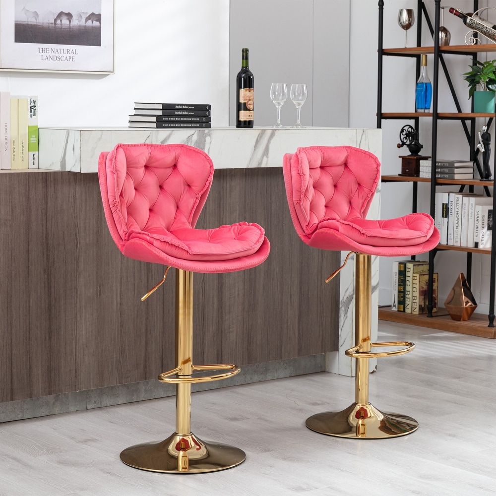 Set of 2 Bar Stools with Chrome Footrest and Base Swivel Height Adjustable