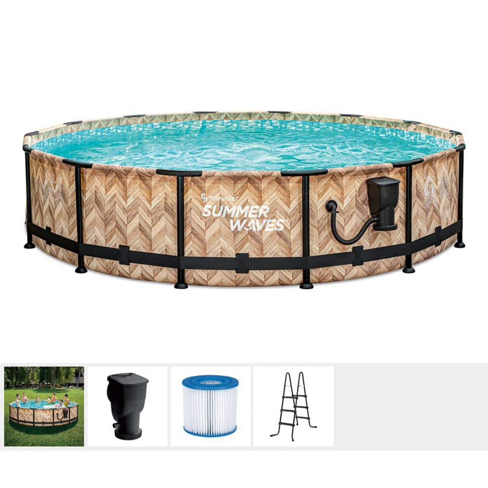 Summer Waves Light Oak Elite 14 ft. x 36 in. Round Frame Above Ground Swimming Pool P4Z01436E