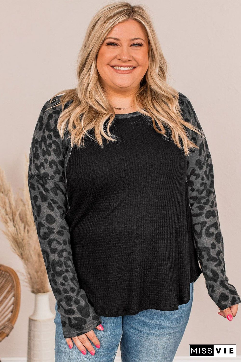 Leopard Raglan Sleeve Waffle Knit Plus Size Top