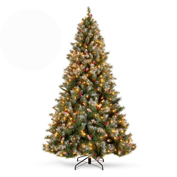 6Ft Prelit PreDecorated Pine Hinged Artificial Christmas Tree w/ 818 Flocked Frosted Tips，58 Pine Cones 58 Berries 250 Lights