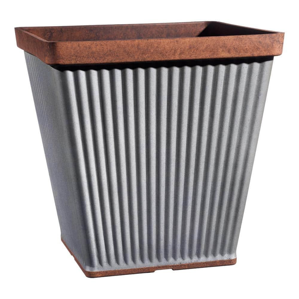 Classic Home and Garden Spokane 14 in. Galvanized Resin Square Planter with Copper Rim 5114-588R