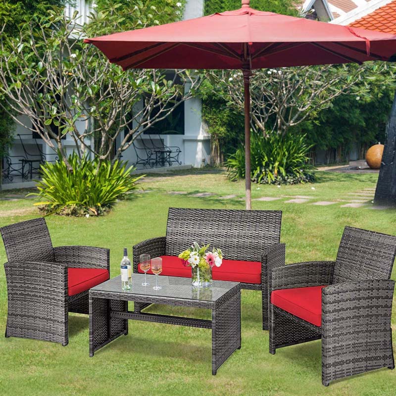 4 Pcs Rattan Wicker Patio Furniture Sets, Outdoor Conversation Sets with Loveseat, Table, Single Sofas