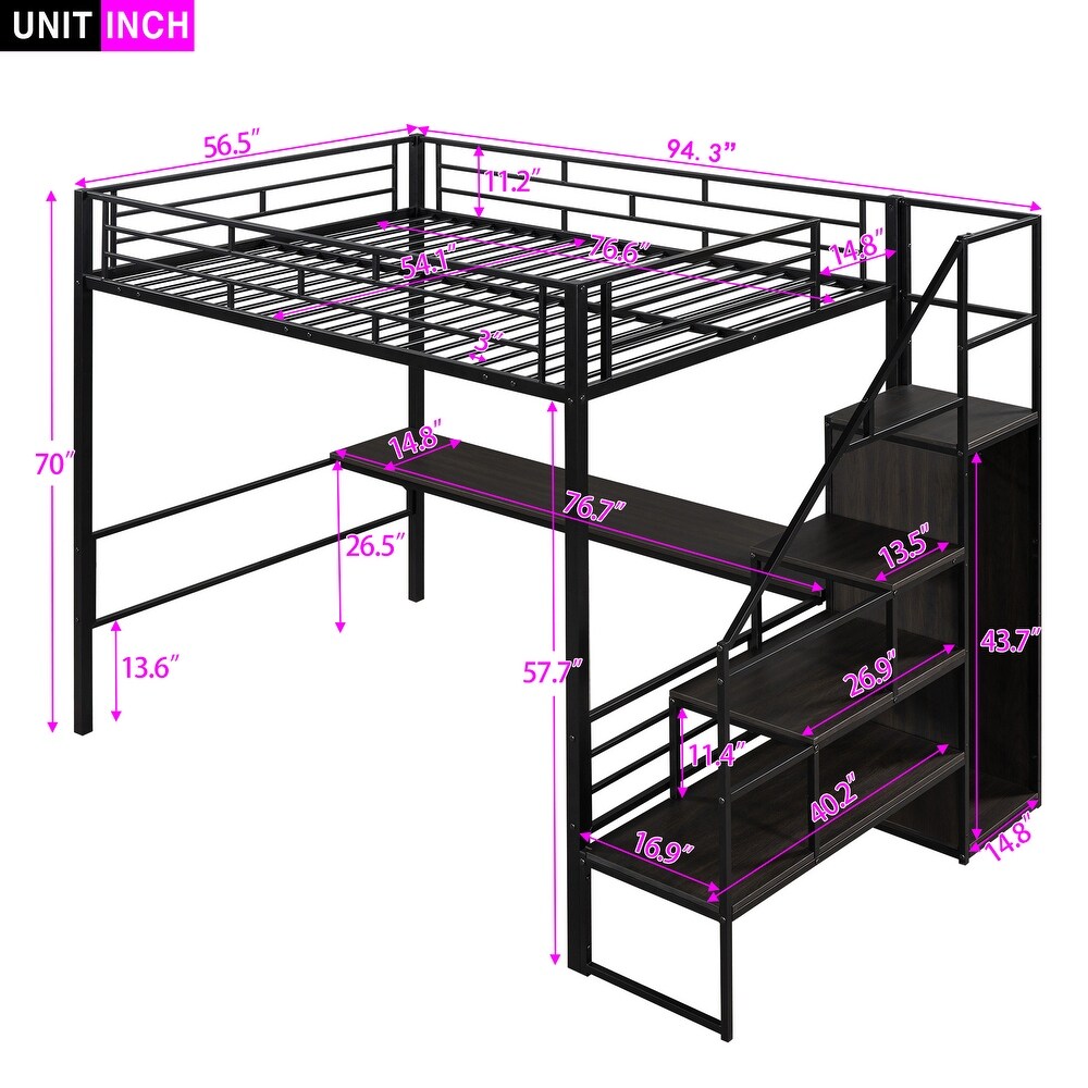 Full Size Metal Loft Bed with Desk  Storage Staircase   Small Wardrobe