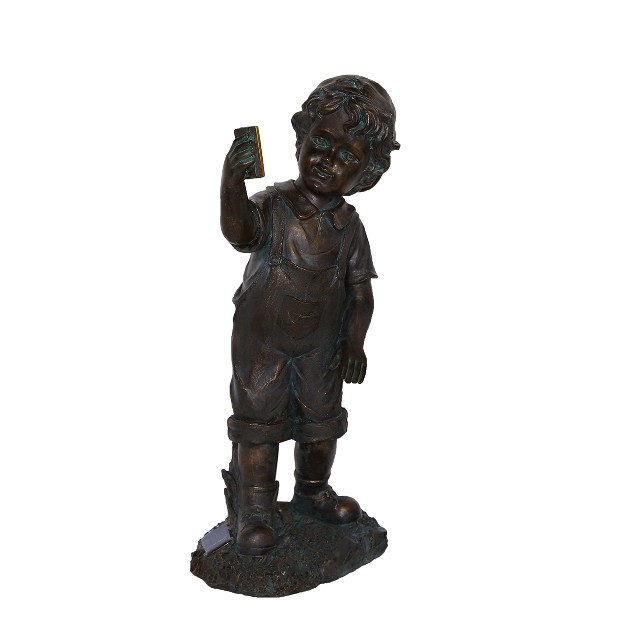 Black amp Bronze Boy With Cell Phone Solar Powered Outdoor Garden Statue