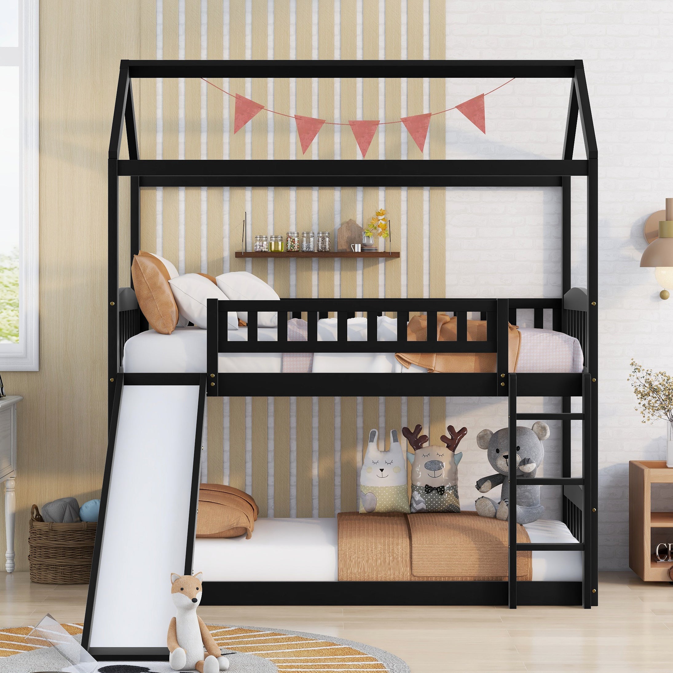 Bellemave Bunk Bed with Slide, Wood Twin Over Twin House Bed Frame with Ladder for Kids Teens(Espresso)