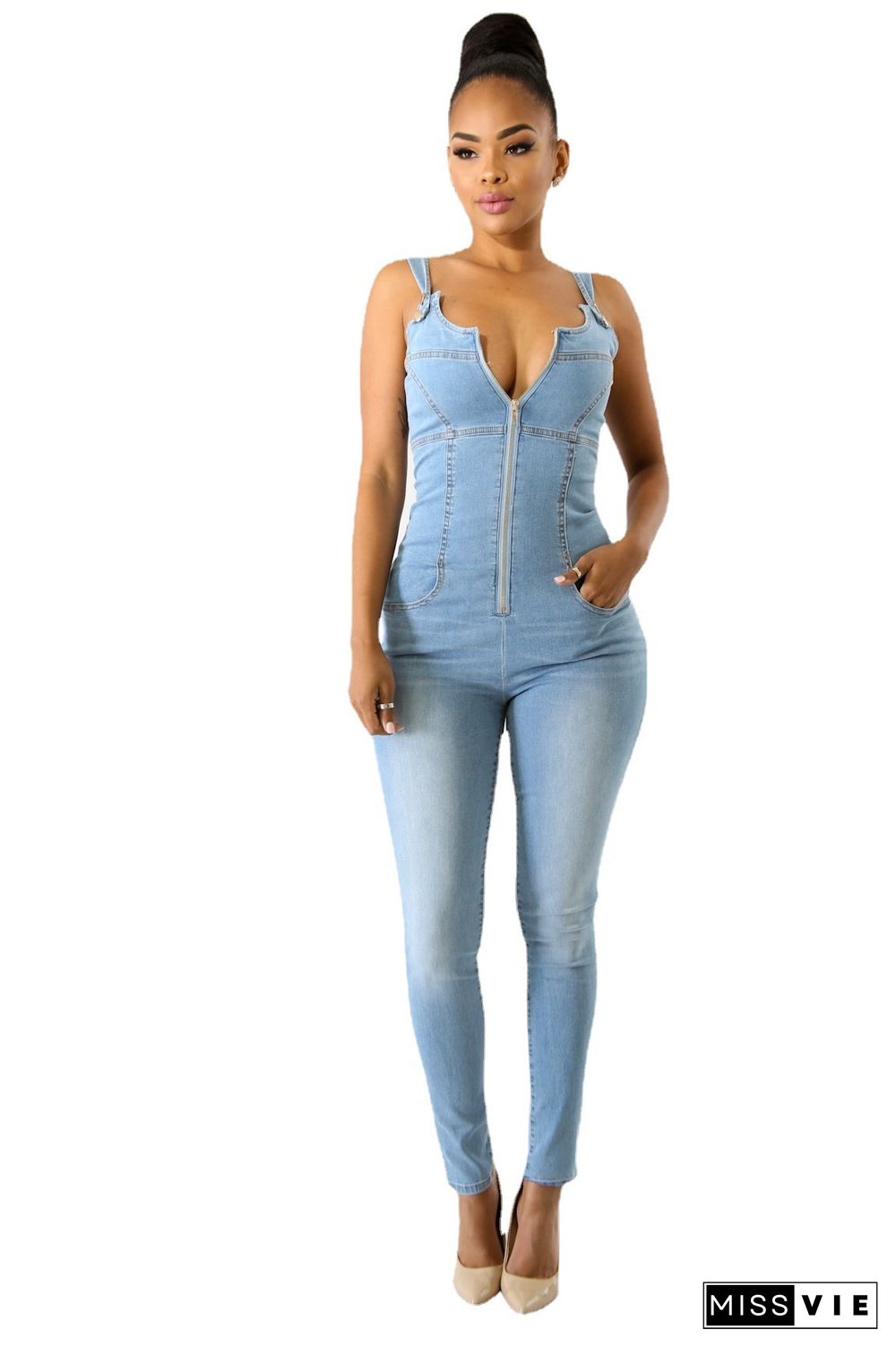 Zipper Front Sleeveless One Piece Denim Jumpsuit