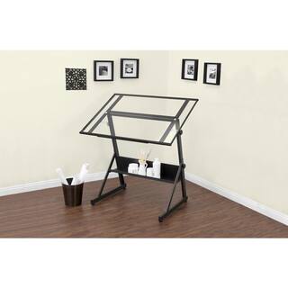 Studio Designs Solano 42 in. W DrawingWriting Desk in Charcoal Black  Clear Glass with Adjustable Top and Storage Shelf 13346