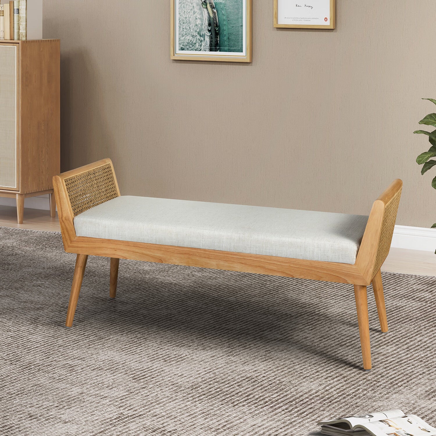 HULALAHOME Velvet Bedroom Bench with Solid Wood Legs for Living Room,Ivory