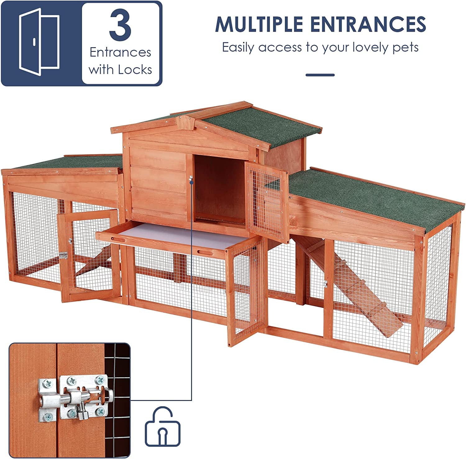 Arlopu 80.3'' Rabbit Cage Fir Wood Rabbit Hutch Outdoor Yard Small Animal Bunny Cage with Asphalt Roof