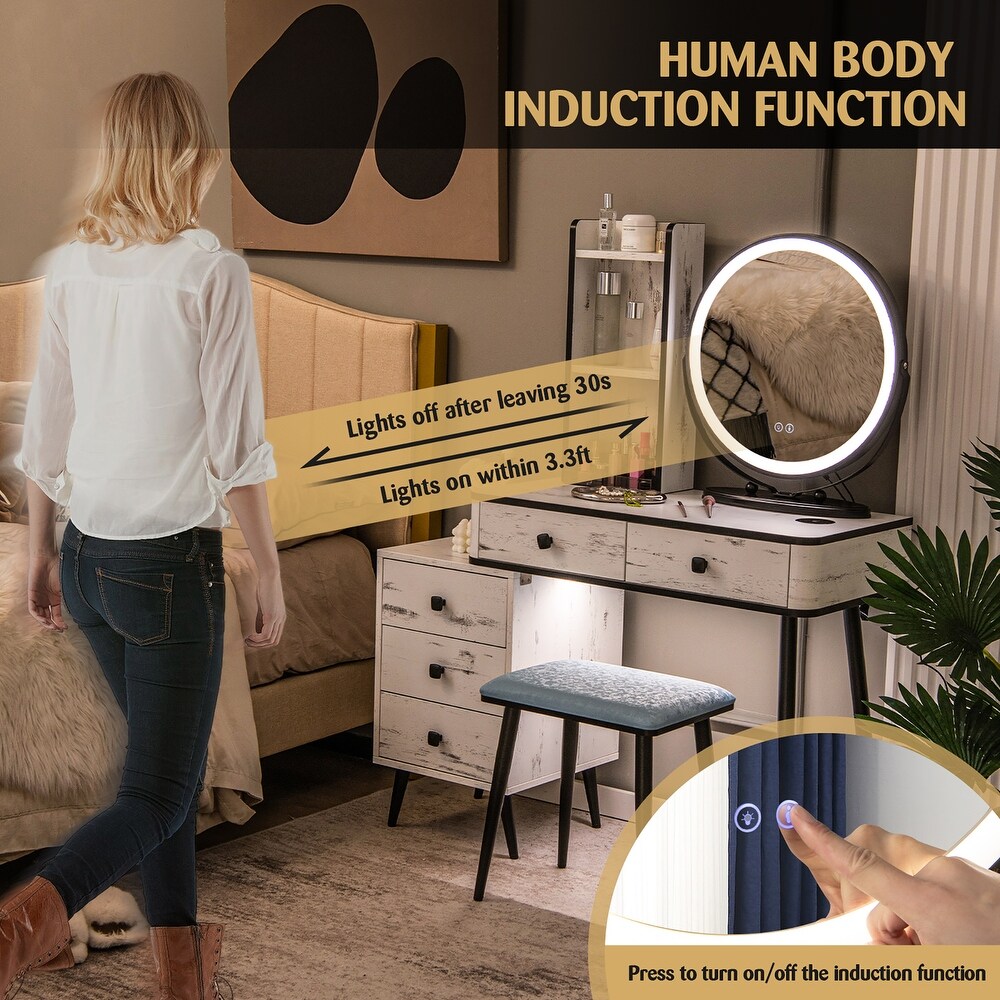 Costway Vanity Makeup Table Set 3 Color Dimmable Human Body Induction   See Details