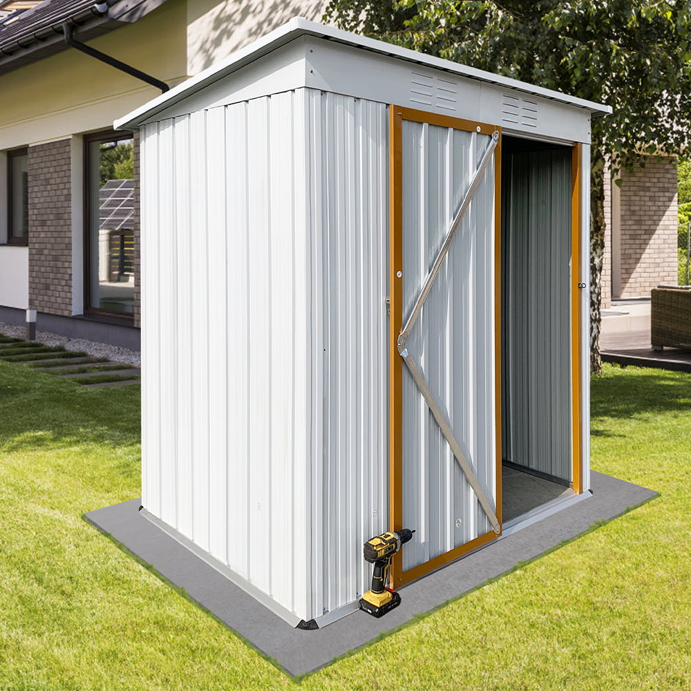 Vertical Storage Shed, BTMWAY 5' x 4' Multifunctional Outdoor Storage Shed, Tool Storage Shed House with Sloping Roof, Hinged Door and Padlock, Outdoor Storage Cabinet for Patio Backyard, White+Yellow