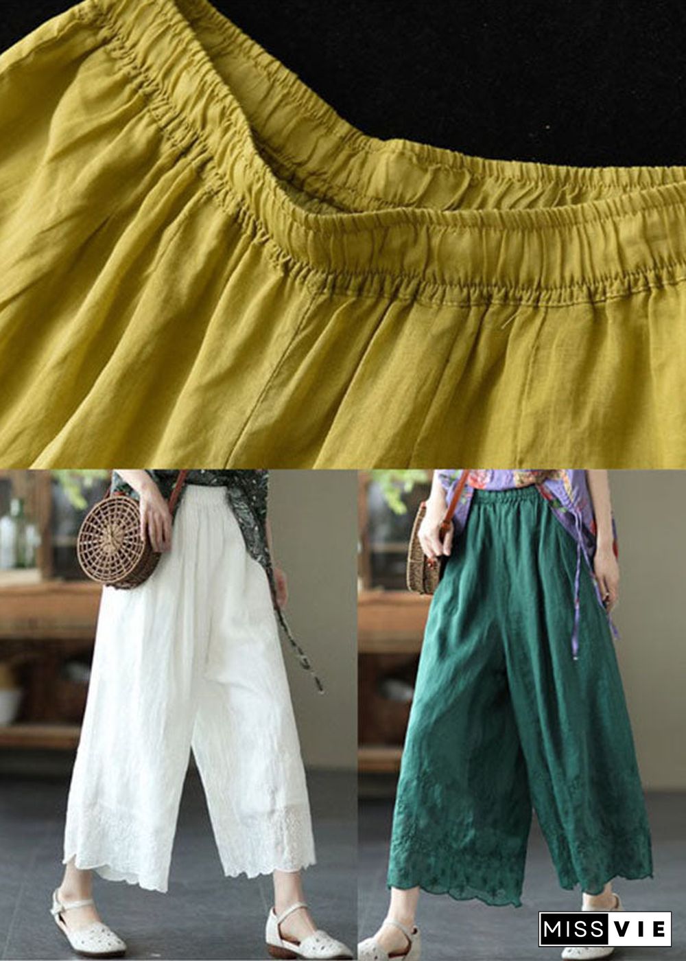 Plus Size Yellow Elastic Waist Embroideried Linen Crop Pants Summer