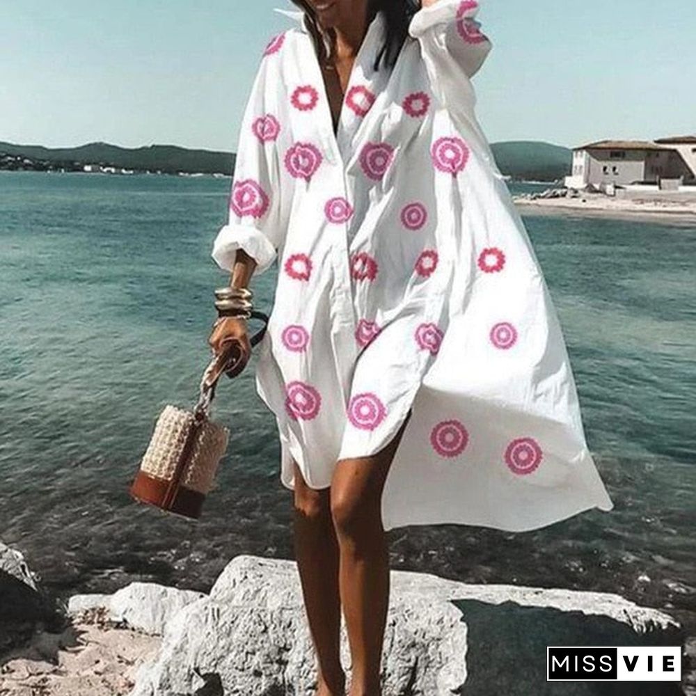 New Fall Summer Women V Neck Button Print Dress Casual Elegant Long Sleeves Irregular Shirt Dress Loose Sexy Beach Party Dresses