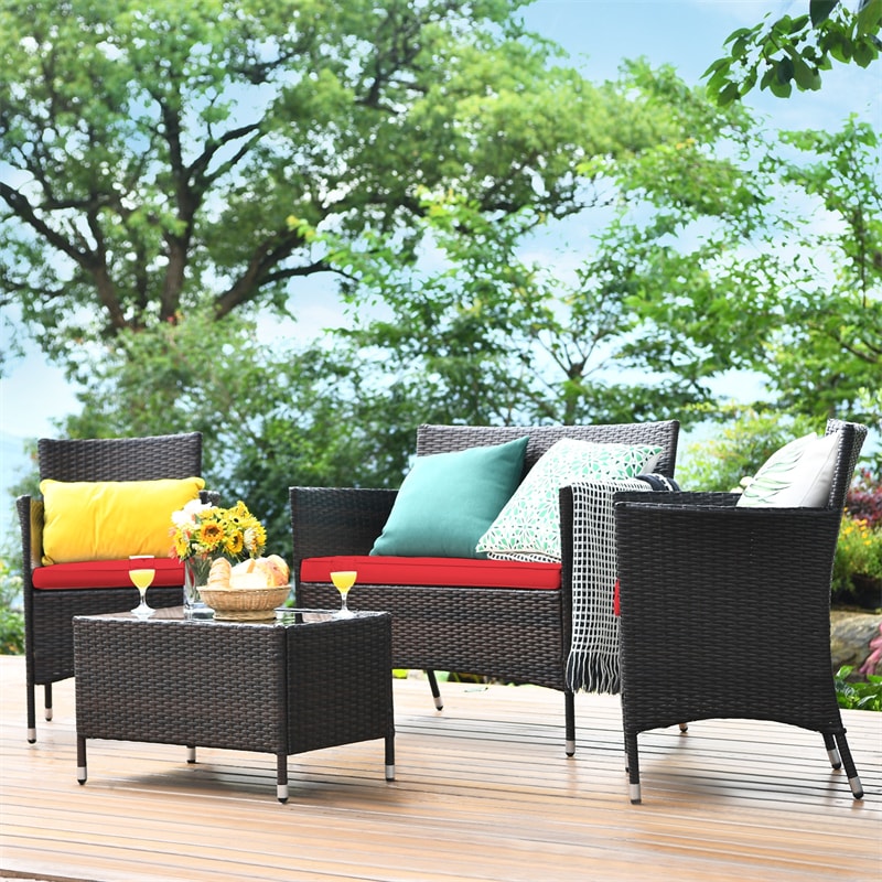 4 Pcs Rattan Wicker Patio Conversation Sets with Loveseat, Single Sofas, Coffe Table, Outdoor Bistro Set