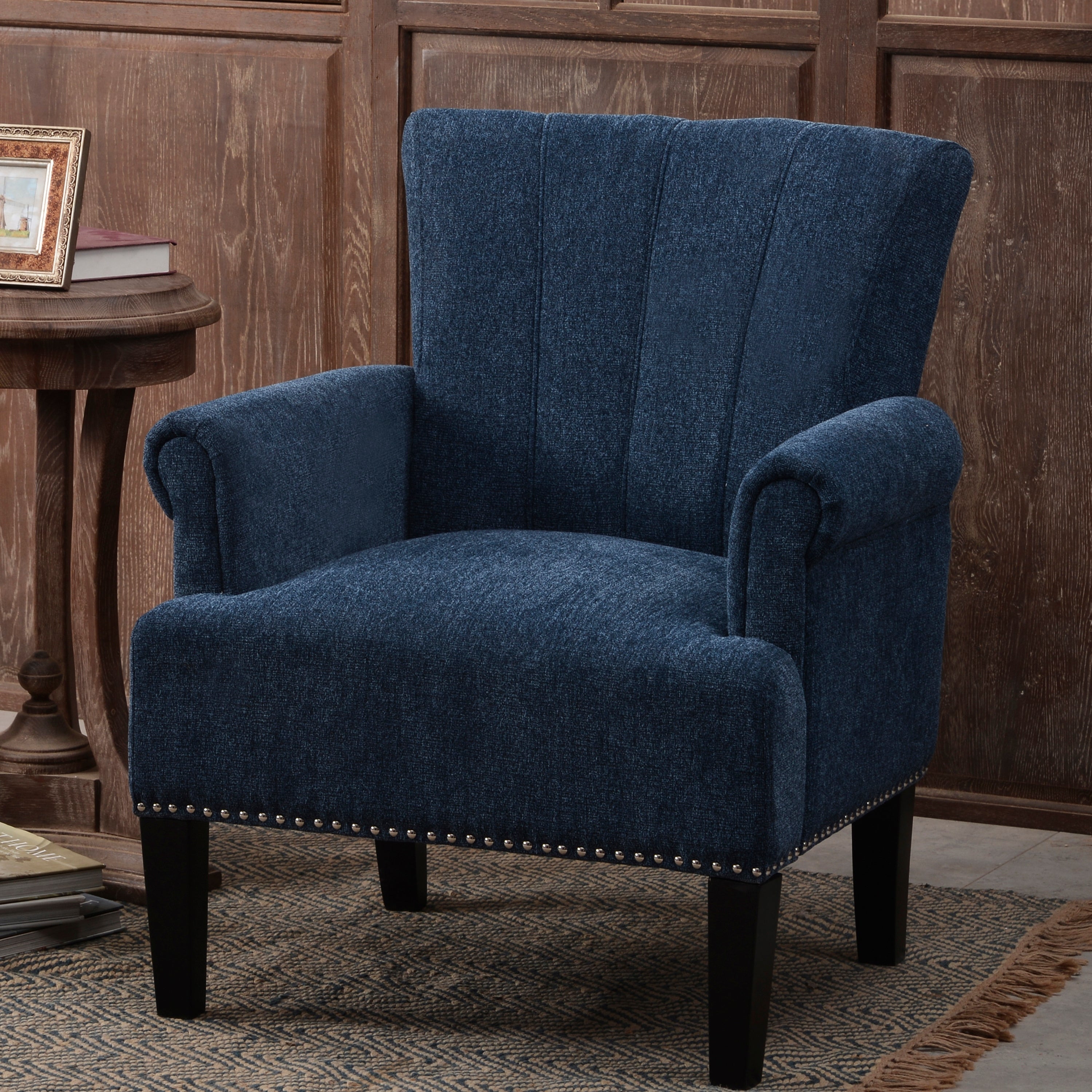 Living Room Accent Chairs Modern Polyester Upholstered Club Chair with Rivet Tufted Scroll Armchairs， Tufted Arm Chair， Navy