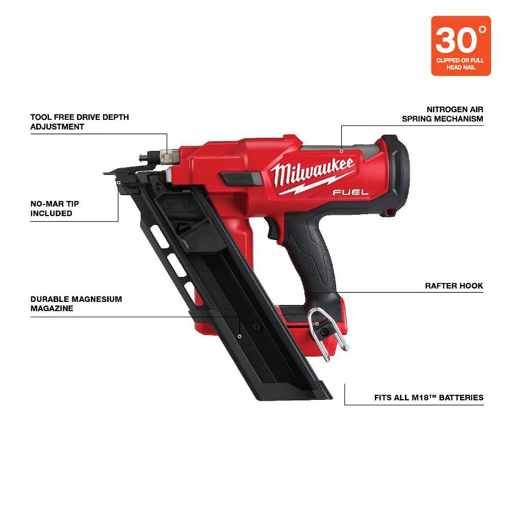 MW M18 FUEL 18V Lithium-Ion Cordless 7-14 in. Rear Handle Circular Saw with 30-Degree Framing Nailer (2-Tool) 2830-20-2745-20