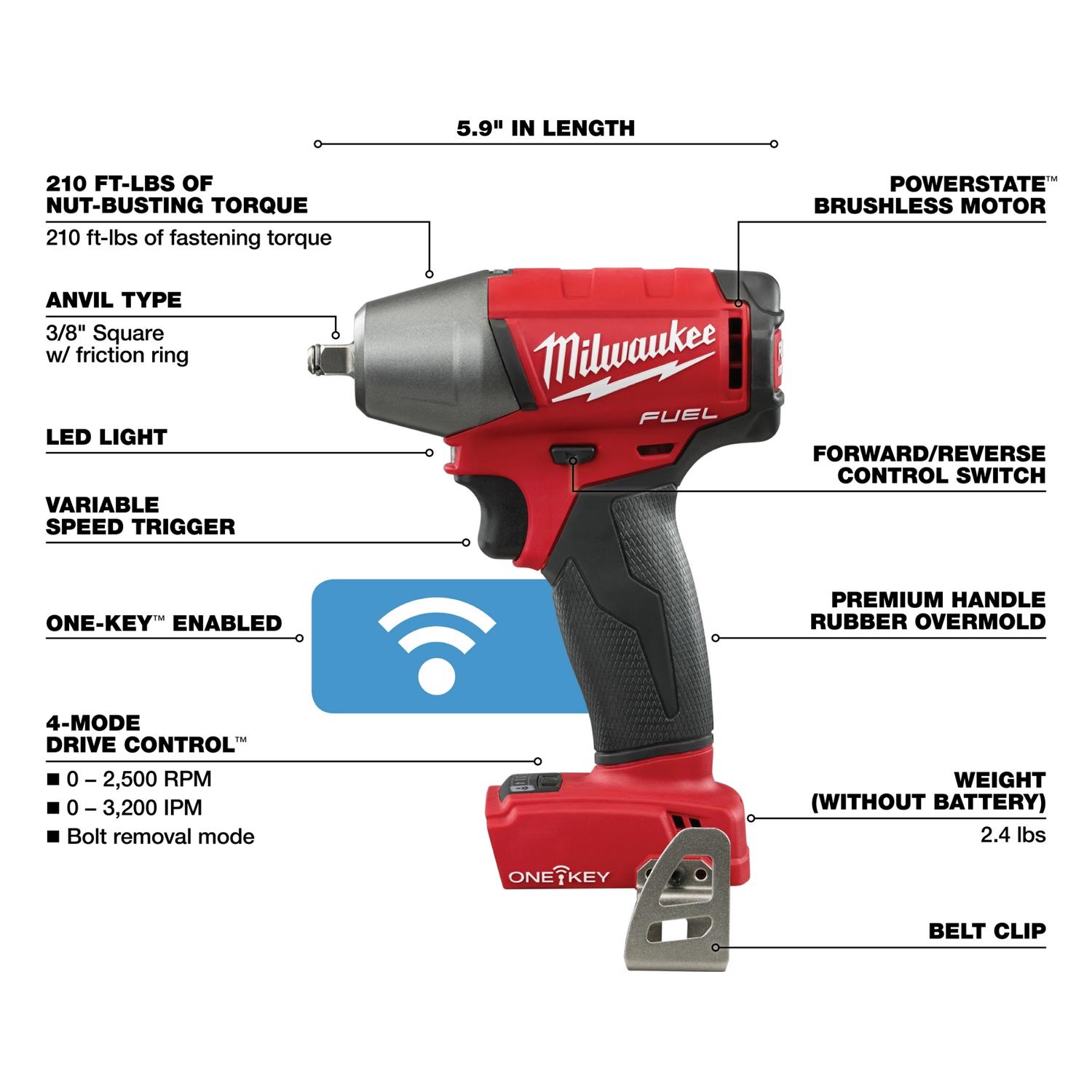 MW M18 FUEL One Key 18 V 3/8 in. Cordless Brushless Impact Wrench Tool Only