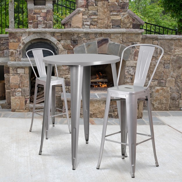 Round Metal Indoor outdoor Bar Table Set With 2 Cafe Stools