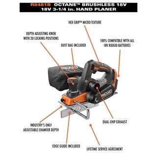 RIDGID 18V OCTANE Brushless Cordless 3-14 in. Hand Planer (Tool Only) with Dust Bag R8481B