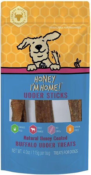 Honey I'm Home! Udder Sticks Natural Honey Coated Buffalo Grain-Free Dog Treats， 4.0-oz bag