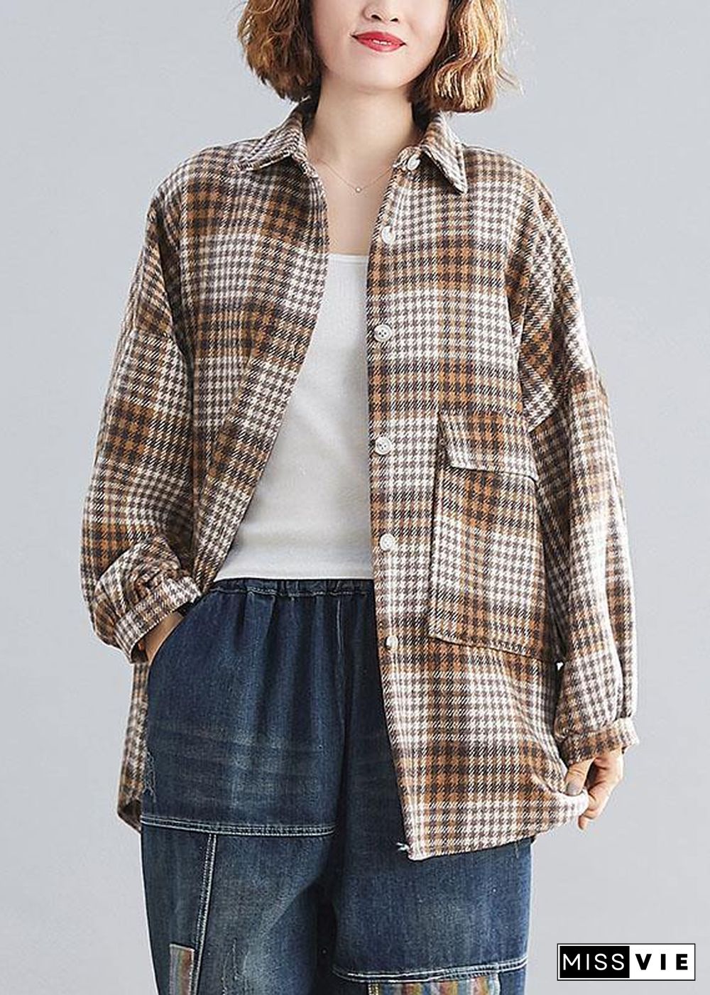 Handmade lapel Batwing Sleeve linen Long Shirts khaki plaid Knee top