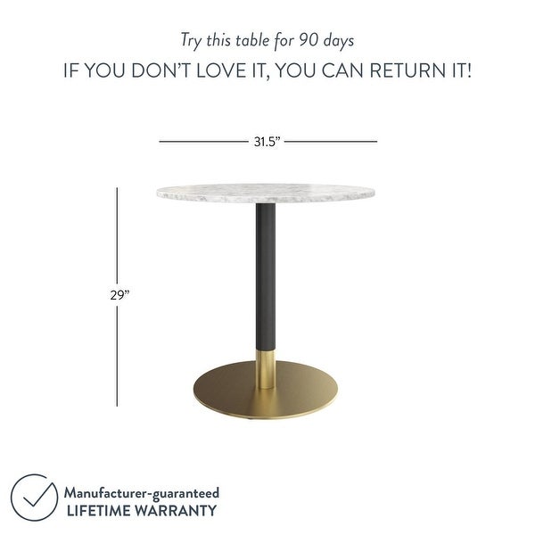 White Carrara Faux Marble Table Top with Black and Gold Pedestal Base Modern Kitchen or Dining Table for 2