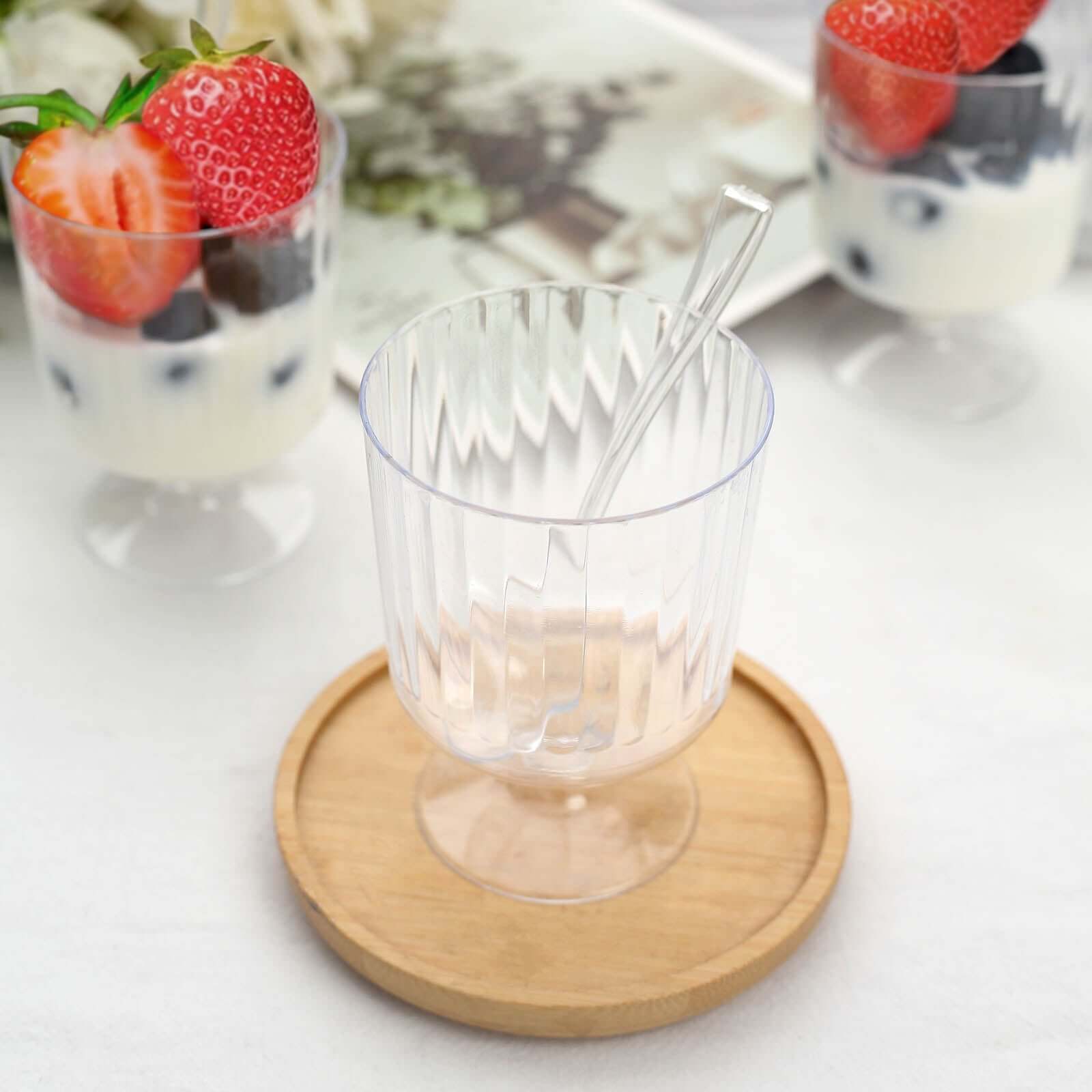 24 Pack Clear Mini Ribbed Pedestal Plastic Dessert Cups With Spoons, Disposable Snack Cup Spoon Sets 5oz