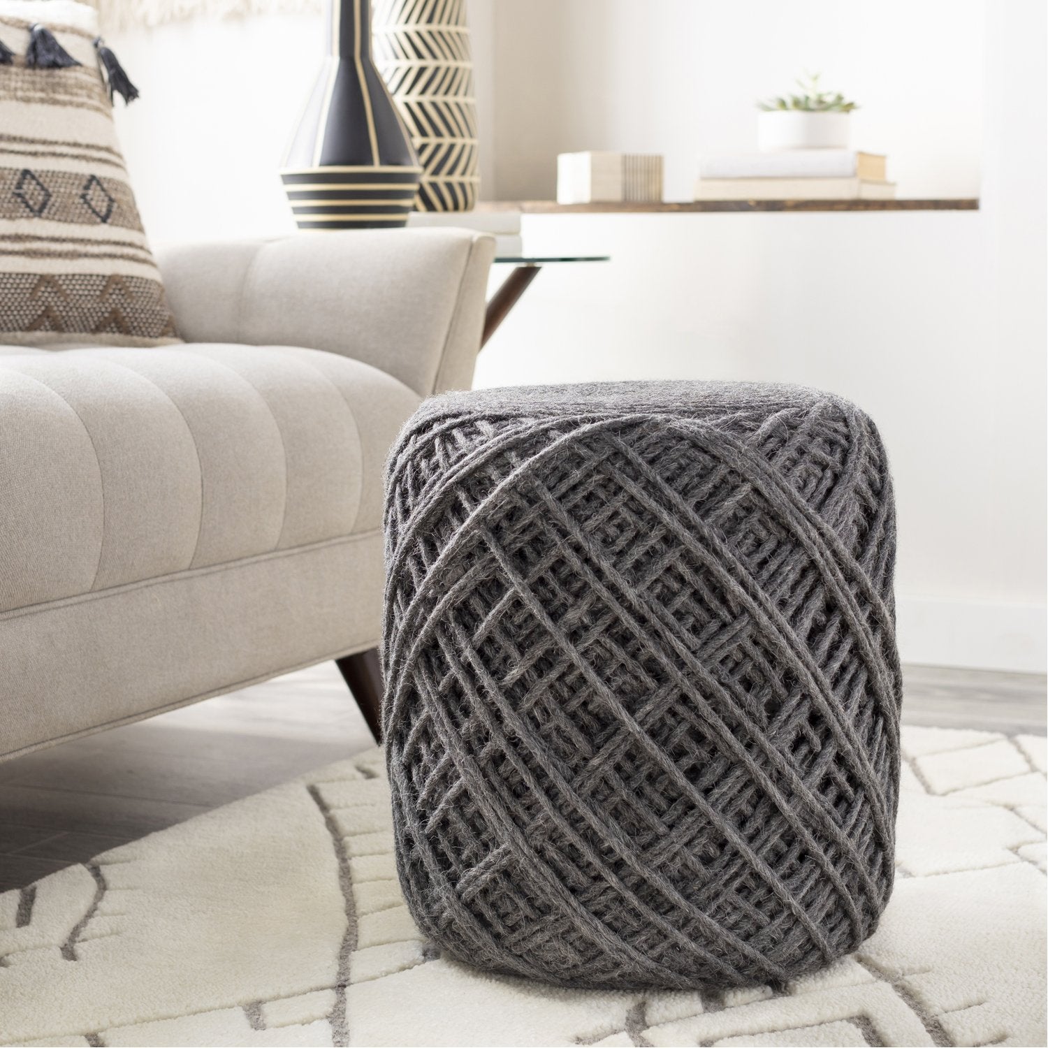 Xena Hand Woven Pouf in Black