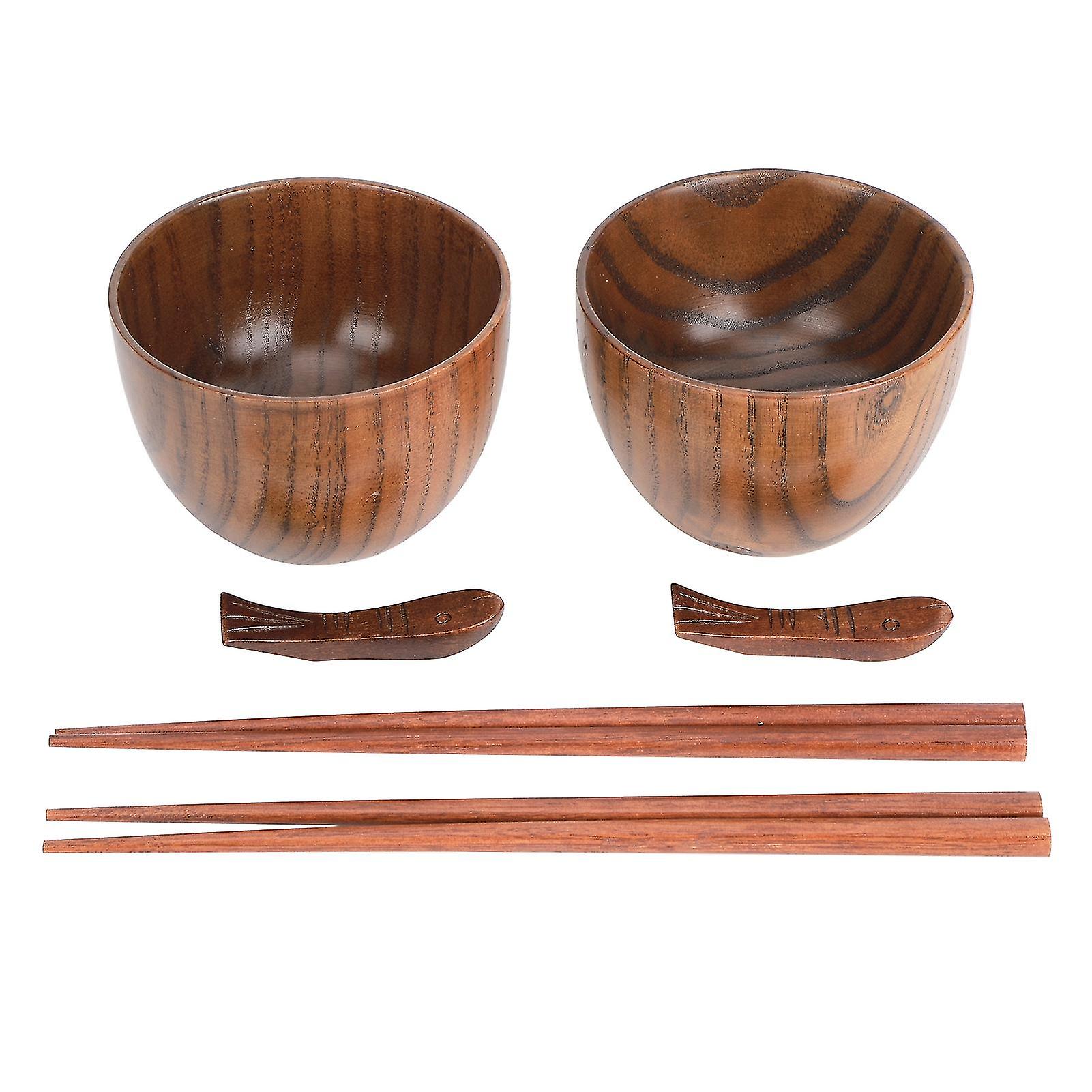 Japanese Style Wooden Rice Bowl Chopsticks Set Tableware Cutlery Kitchen Accessory