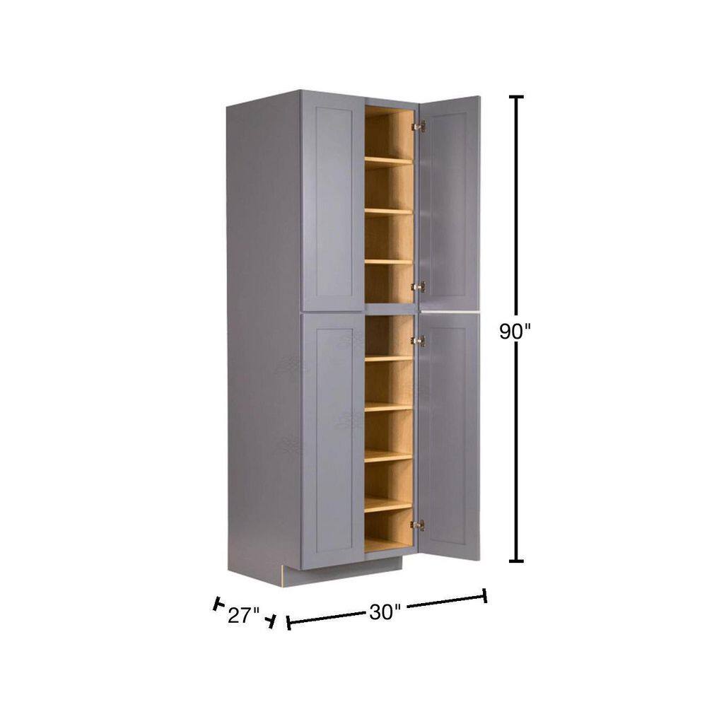 LIFEART CABINETRY Lancaster Gray Plywood Shaker Stock Assembled Tall Pantry Kitchen Cabinet 30 in. W x 90 in. H x 27 in. D ALG-PC3090